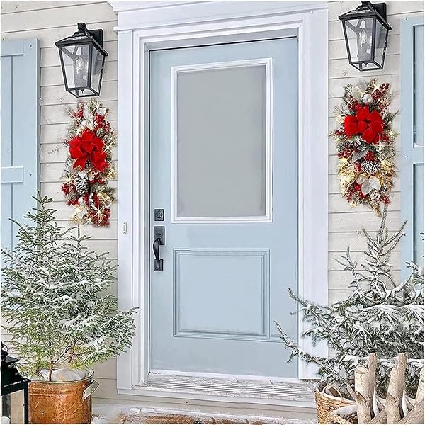 ARTIFICIAL CHRISTMAS SWAG CORDLESS PRELIT TEARDROP SWAGS CHRISTMAS WREATH WITH LIGHTS RUSTIC STAIR GARLAND WITH CHRISTMAS BALL 30LIGHT CHRISTMAS SWAGS STAIRCASE MAILBOX FRONT DOOR WALL DECORATIONS (A)