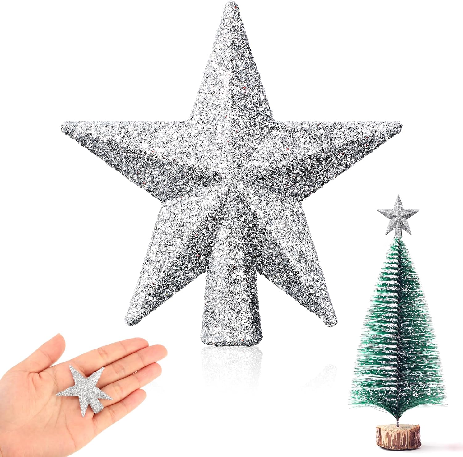 Tree Toppers - Hanaive Mini Christmas Tree Topper Small Christmas Star Mini Christmas Tree Star Topper for Xmas Party Holiday Home Decor (Glitter Silver,1.77 Inch)