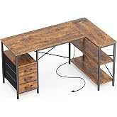 Huuger L Shaped Office Desk with Power Outlets &amp; 3 Drawers | 47 Inch Computer Desk with Shelves, for Gaming, Corner Work, Home Office, Study, Rustic Brown