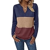 Zeagoo Women's Waffle Shirts V Neck Long Sleeve Tops Color Block T-Shirts Casual Pullover Tunics 2025 Fashion Basic Tees