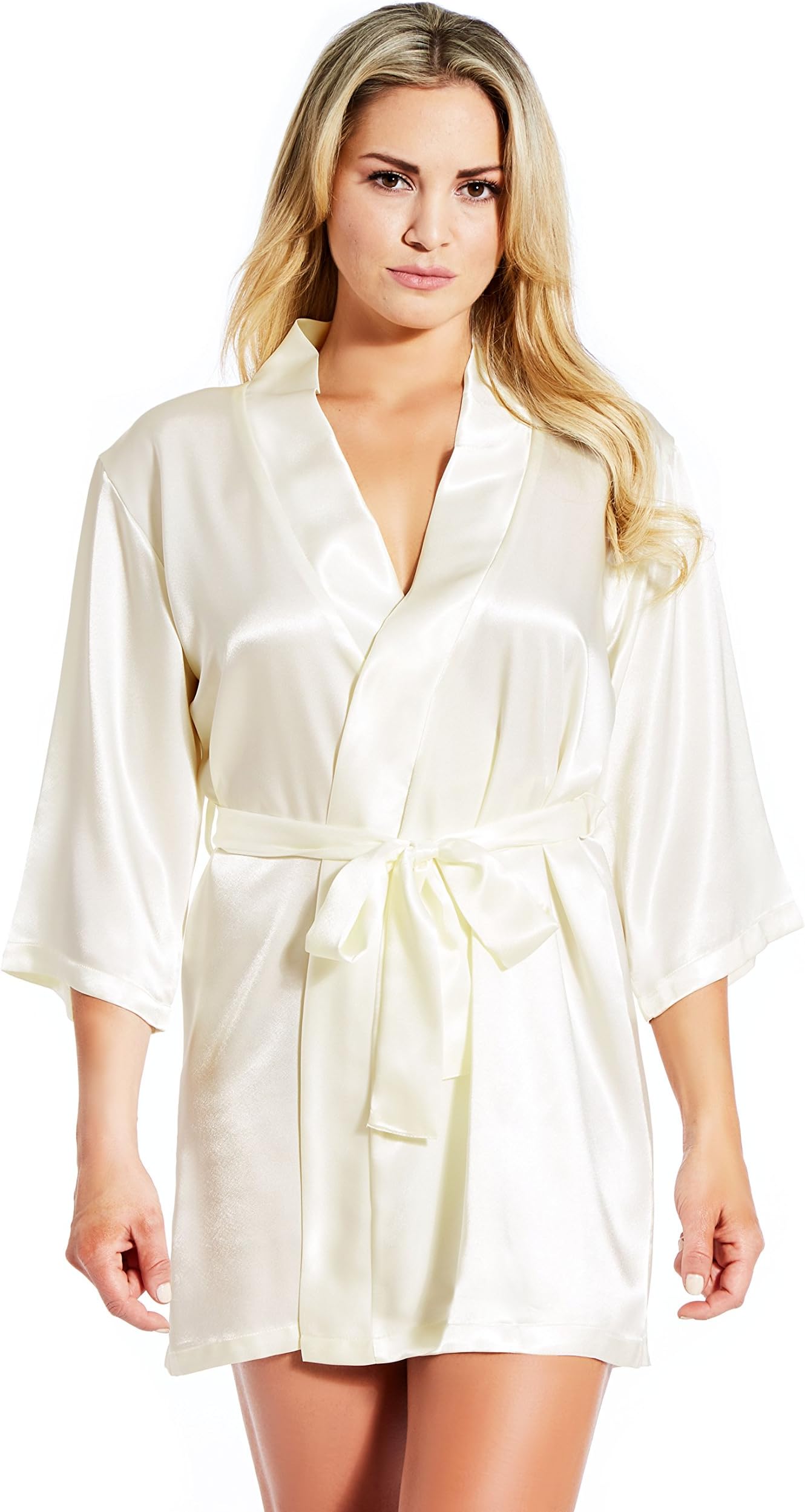 Jovannie Satin Robe 3/4 Sleeve with Matching Sash Short Length