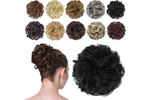 FESHFEN Messy Hair Bun Hair Pieces Elastic Wavy Curly Hair Bun Scrunchies Extensions Synthetic Chignon Hairpieces for Women Girls, Natural Black 1 PCS