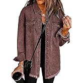 Vetinee Women’s Oversized Button Up Frayed Hem Shacket Long Sleeve Pockets Denim Jean Jacket