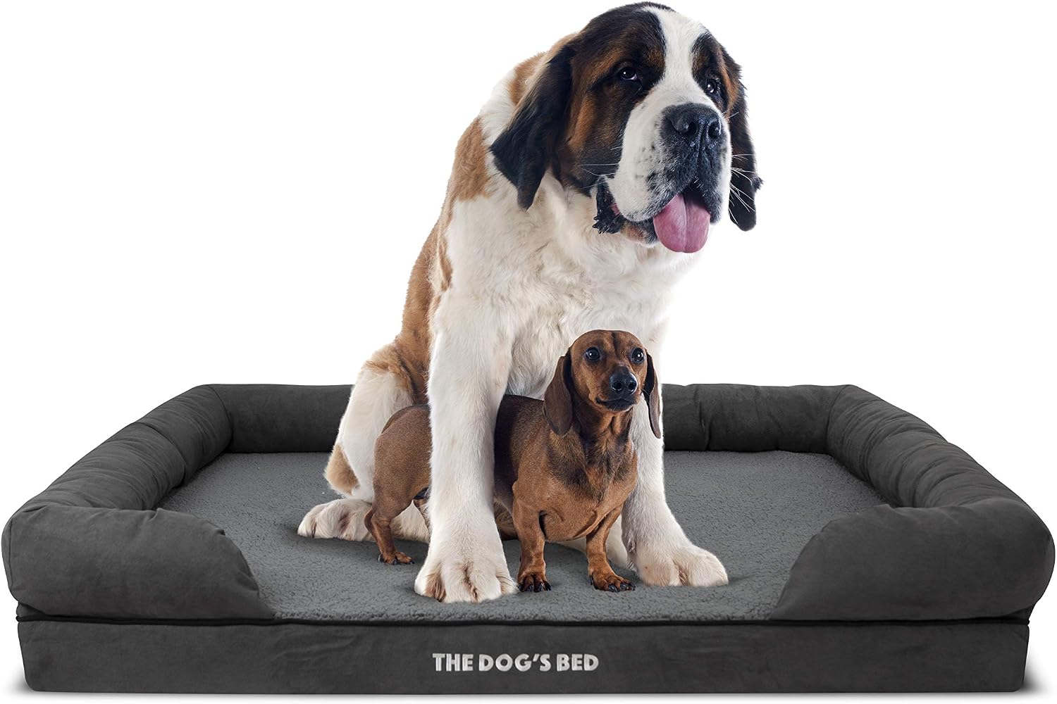 The Dog’s Bed - Orthopaedic Memory Foam Bolster Bed, Grey Plush, XXL, Grey Plush/Suede, XXL Beds
