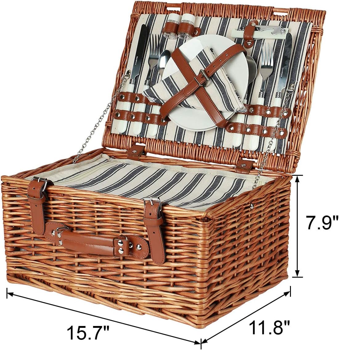Willow Picnic Basket Set for 2 Persons with Large Insulated Cooler Bag and Classical Cutlery Service Kit | Wicker Picnic Hamper for Camping, Outdoor, Valentine Day, Chirtmas, Thanks Giving, Birthday : Garden & Outdoor