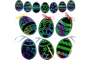 OUTUS 48 Pieces Scratch Paper Easter Scratch Craft Art Easter Day Ornaments Colorful Scratch Easter Day Rainbow Cutouts with 48 Wooden Sticks and 48 Colorful Ribbons for Kids Church Class (Egg)