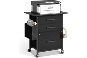 NASHZEN File Cabinet Printer Stand, Fabric Mobile Filing Cabinet with 3 Storage Drawers, for Hanging A4, Letter Size File Folders, Storage Bag and Hooks Home Office, Black