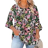 Rapbin Plus Size Tops for Women 3/4 Ruffle Sleeve Crew Neck Button Down Pleated Blouses Casual Fashion Tunic (1X-5X)