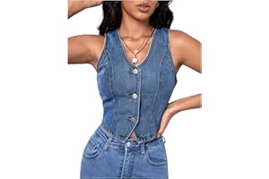 GORGLITTER Women's Button Down Jean Tops Sleeveless V Neck Denim Waistcoat Vests Western Country Outfit