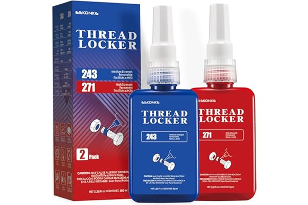 2 Pack Thread Locker - Blue 243 (Medium) & Red 271 (High) - Metal Screw Locking Sealant for Bolts/Nuts/Fasteners - Prevents Loosening/Corrosion