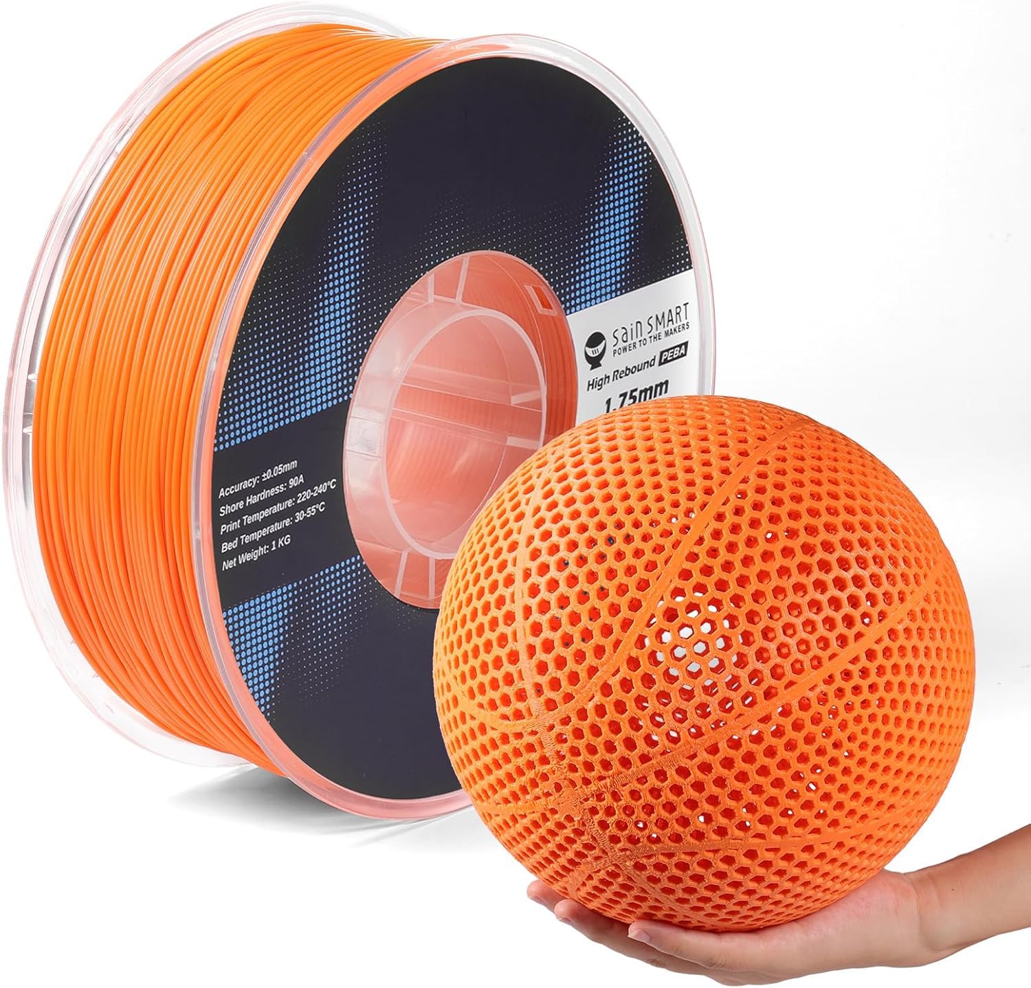 Photo 1 of SainSmart PEBA High Rebound 90A Flexible Filament, 1KG (2.2lbs), Super TPU with 78% High Rebound, 20% Lighter & 2X Faster Printing, Nylon-Based Strength, Adjustable Flexibility, 1.75mm, Orange