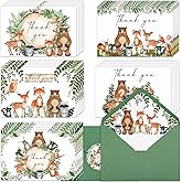 Yuzioey Woodland Thank You Cards, 4x6 Forest Animals Thank You Notes with Matching Envelopes & Stickers, Greenery Notecards, Woodland Baby Shower Birthday Thank You Cards (50PCS)