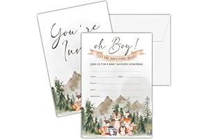 Cazhes Oh Boy! Baby Shower Invitations, 25 Double-Sided Adventure Baby Shower Invites with Envelopes, Woodland Animals Party Decorations Supplies Favors - A01