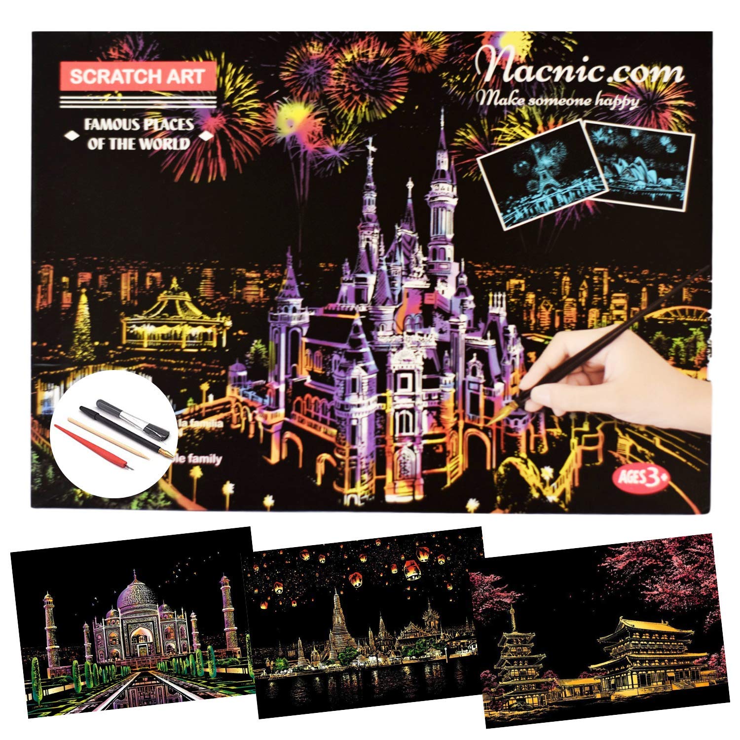 Nacnic Scratch Art Sheets. DIY Arts and Crafts for Adults and Kids. Scratch paper with colourful backgrounds to draw on. Taj Mahal, Chiang Mai and Thailand. Size A4, 3-Sheet set.