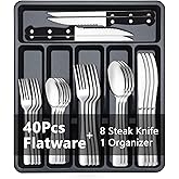 BEWOS 49-Piece Silverware Set with Organizer - Stainless Steel Silverware Set for 8 with Steak Knives and Drawer Organizer, Mirror Polished Flatware Set for Home and Restaurant, Dishwasher Safe