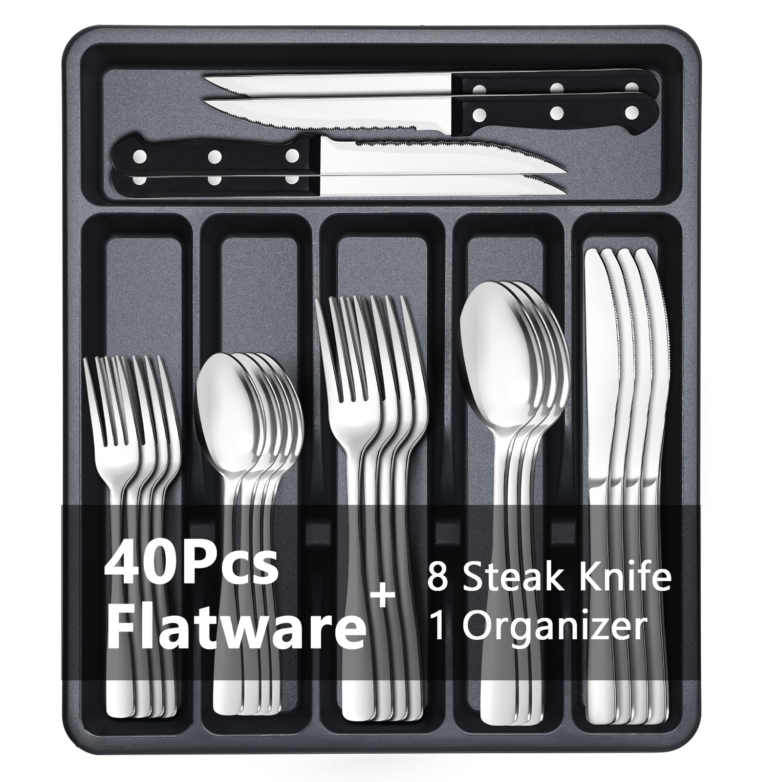 BEWOS 49-Piece Silverware Set with Organizer - Stainless Steel Silverware Set for 8 with Steak Knives and Drawer Organizer, Mirror Polished Flatware Set for Home and Restaurant, Dishwasher Safe