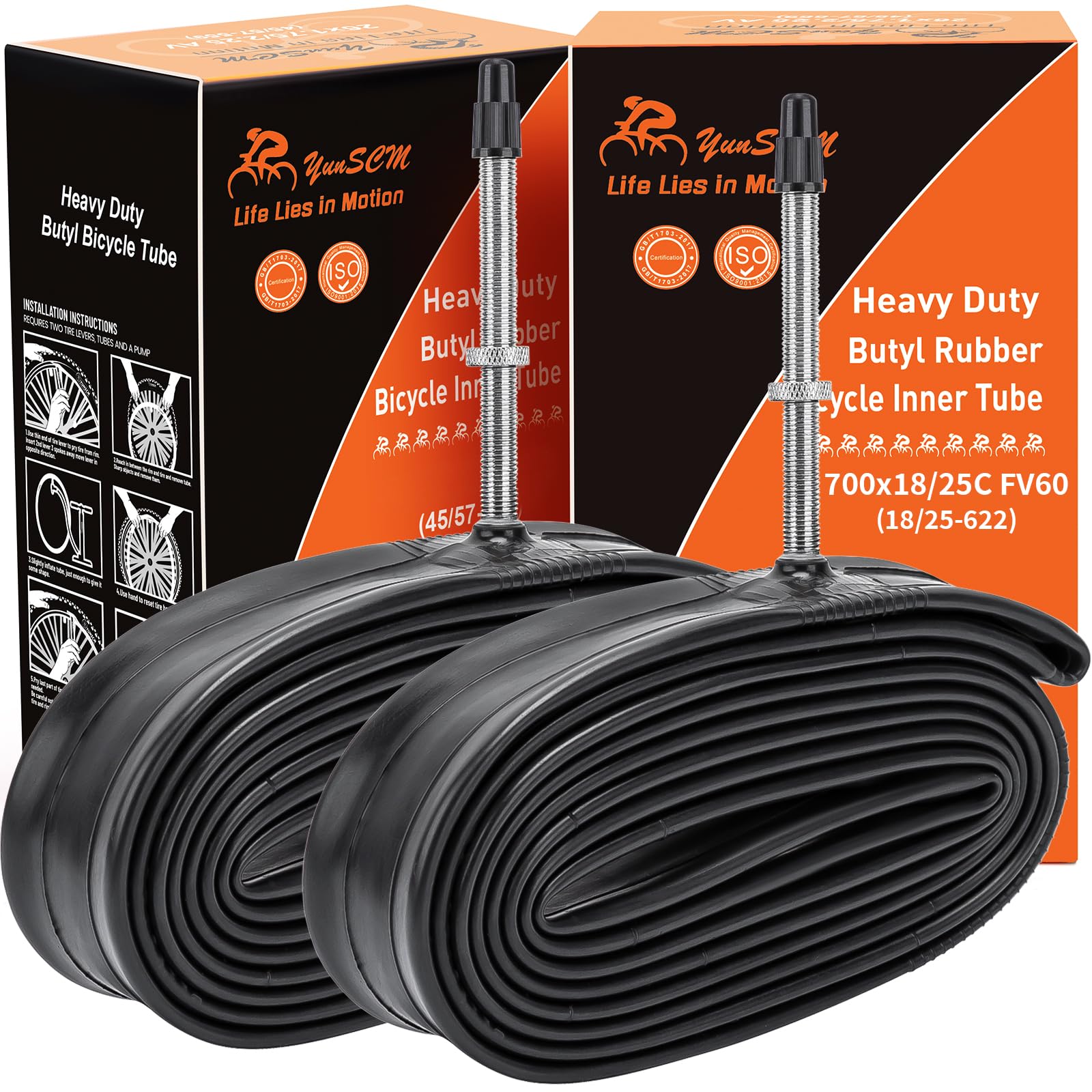 YunSCM 2-PCS 700C 700x18/25C Heavy Duty Bike Tubes 18/25-622 FV60mm Presta Valve, 28 inch Inner Tubes Compatible with 700x18C 700x23C 28x1.00 700x25C Racing/Mountain/City/Road Bicycle Tyre Tube