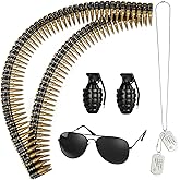 quescu 5PCS Fake Bullet Army Belt with Dog Tag Necklace Plastic Military Toy Ammo Costume Accessories Props for Adults