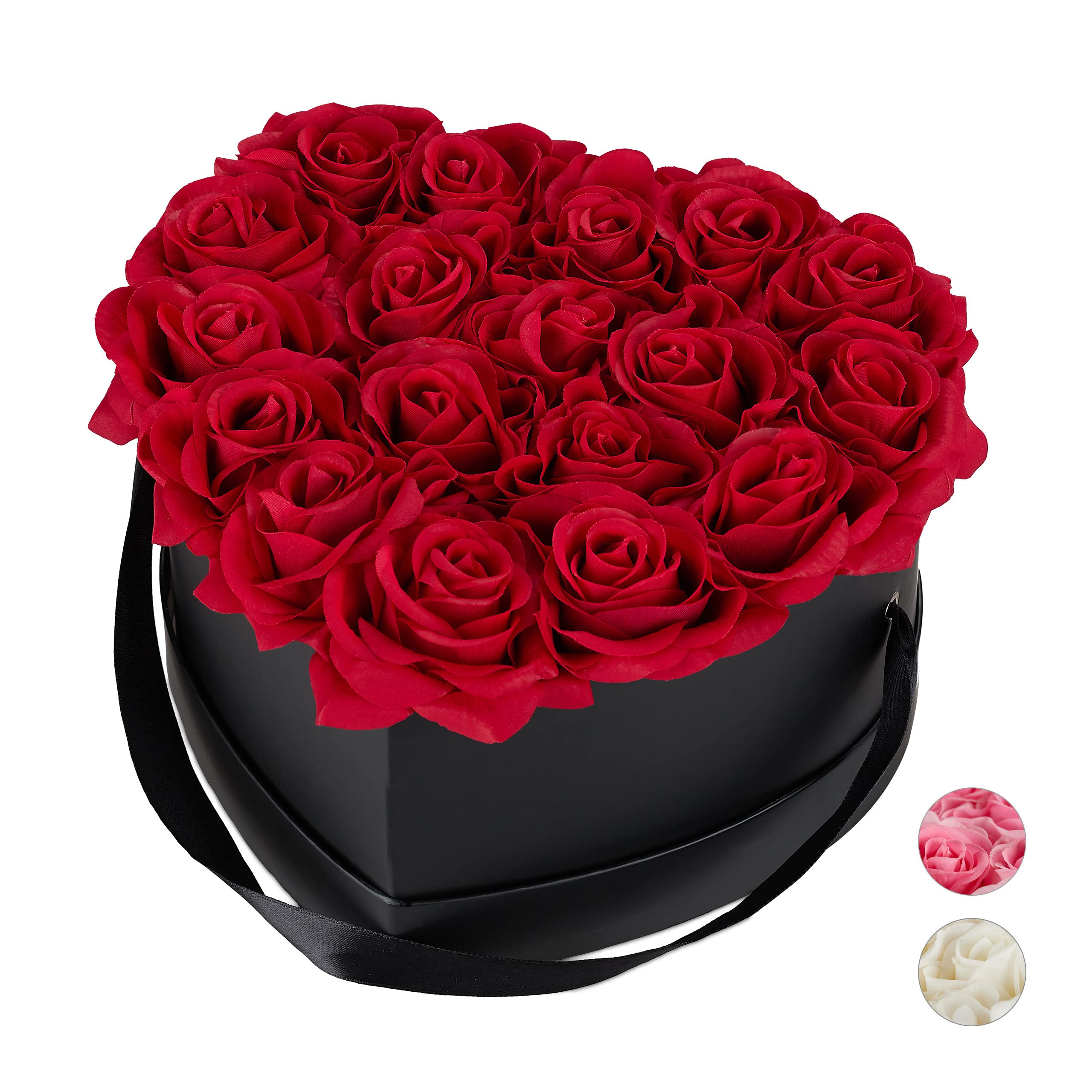 Relaxdays Heart Flower Box, 18 Faux Roses, Black Box, Last 10 Years, Great Gift, Decorative Bouquet, Red