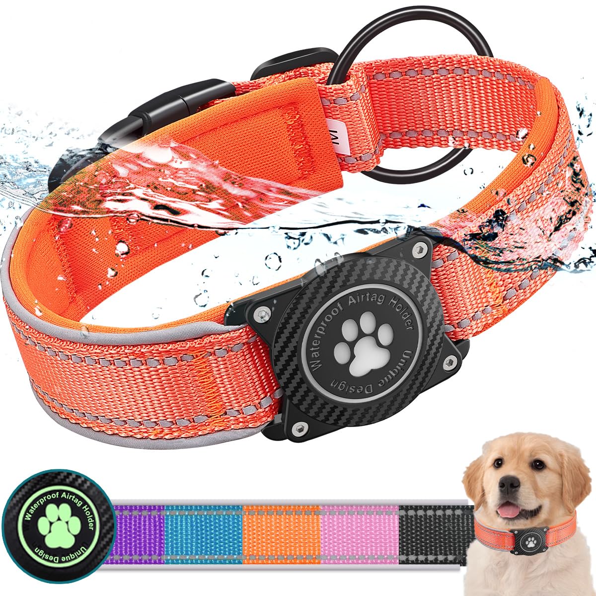 Ytanest Waterproof Airtag Dog Collar, Dog Collar with Apple Air Tag Holder, Reflective Dog Tracker Collar for Small Medium Large Dogs, Orange, S — image 1