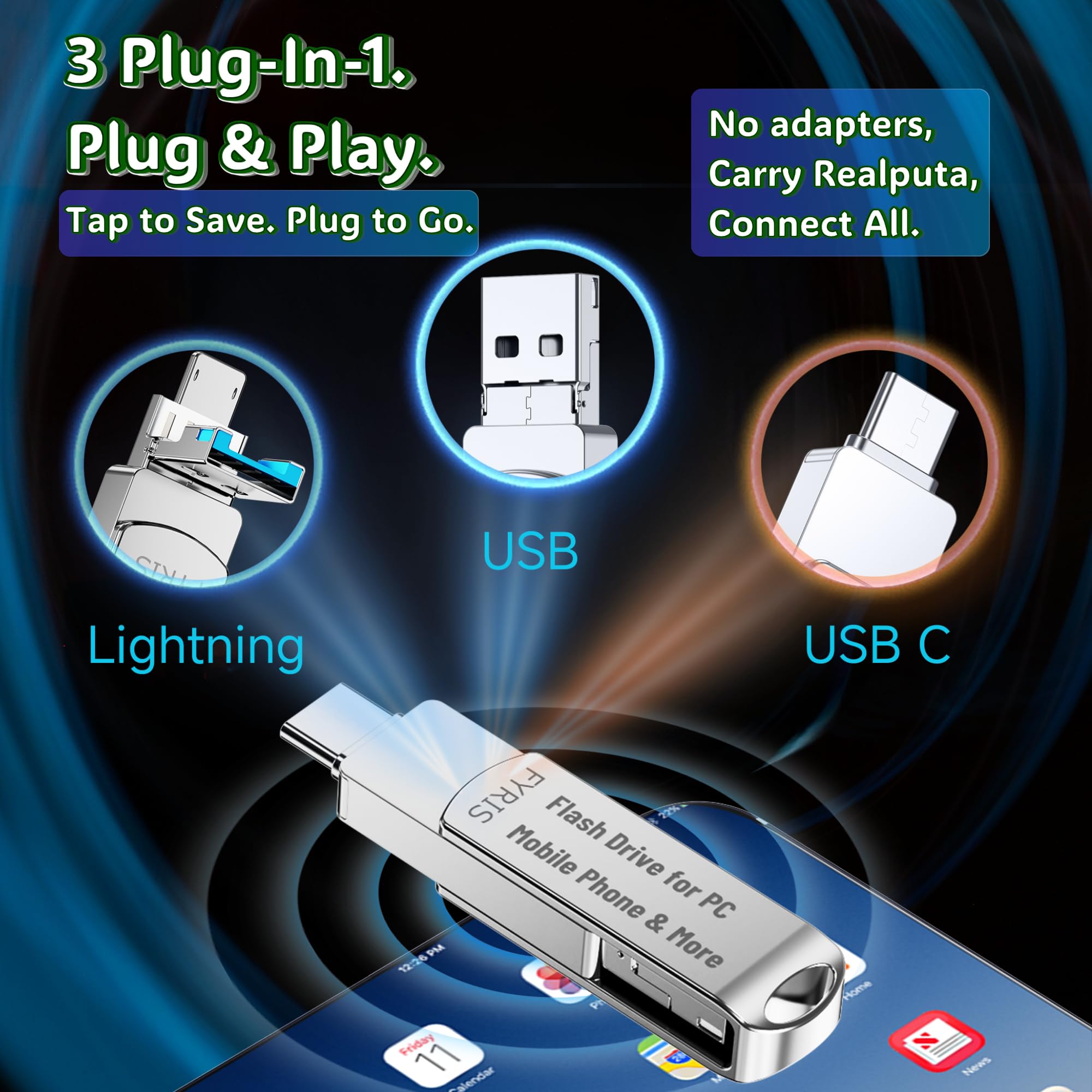 iPhone USB Storage Flash Drive 256GB – FYRIS 3-in-1 MFi Certified Backup Drive for Android, iPad, Mac & PC – Lightning & USB-C – No App Needed (Thorns)
