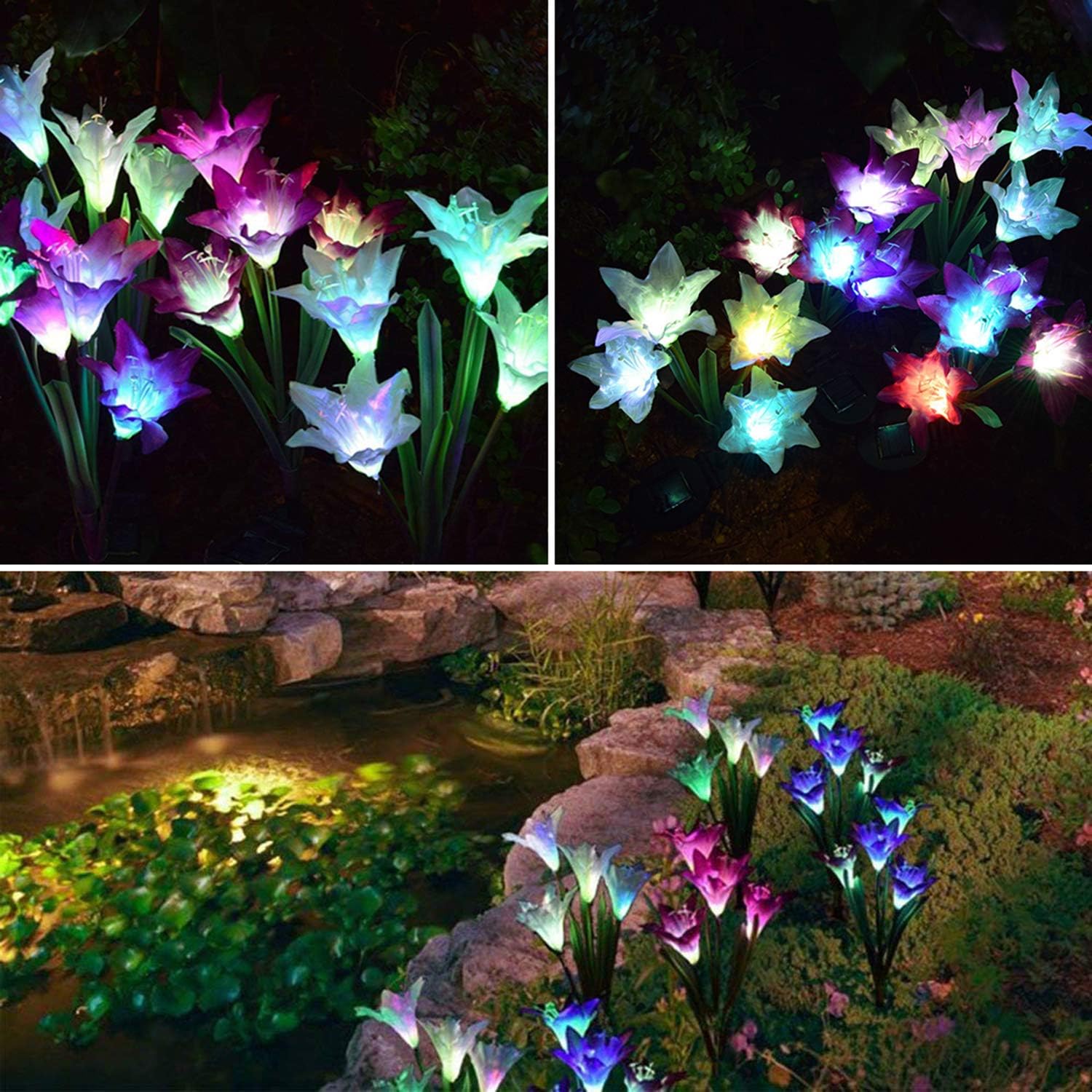 Outdoor Solar Garden Stake Lights - Wohome 2 Pack Solar Flower Lights with 8 Lily Flower, Multi-Color Changing LED Lily Solar Powered Lights for Patio, Yard Decoration - - 