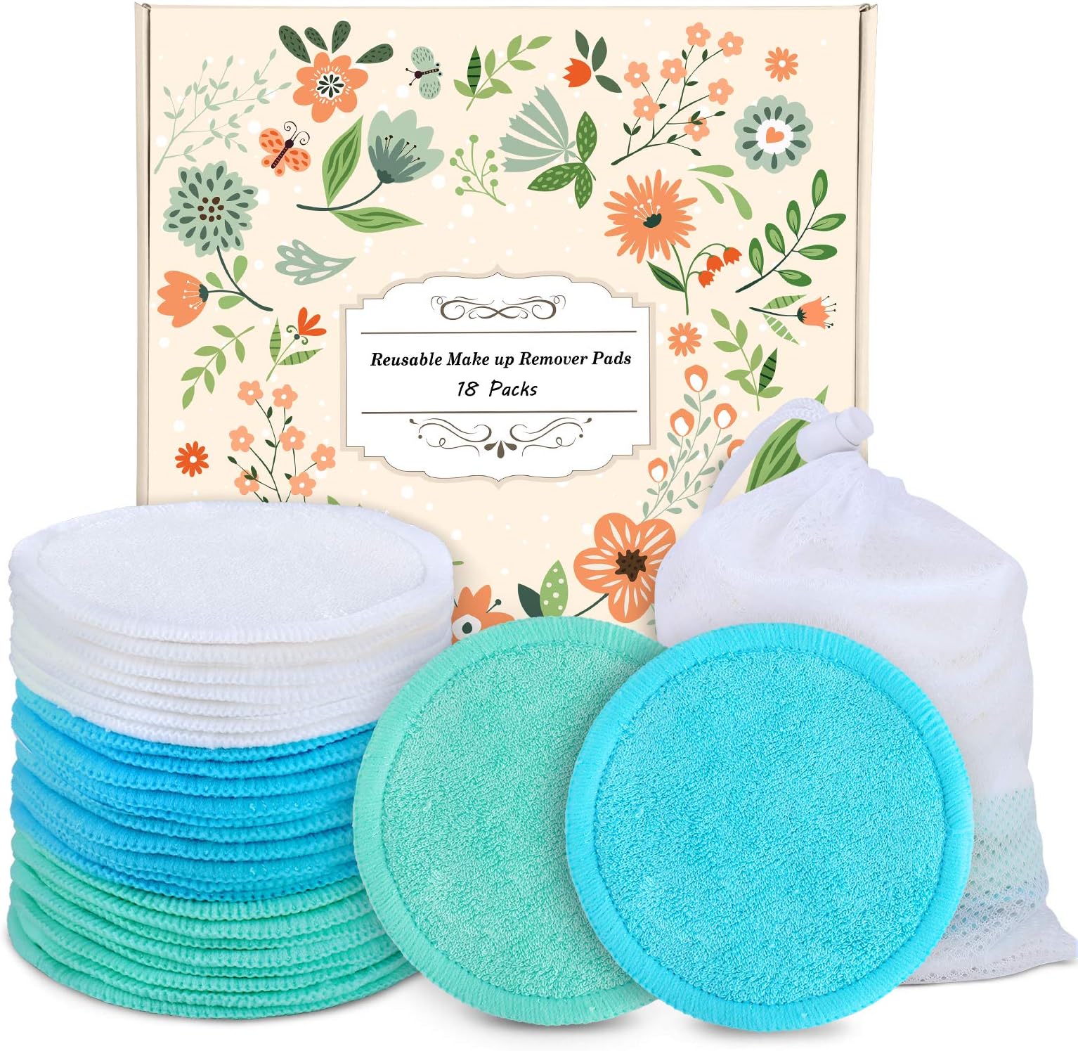 Reusable Cotton Rounds - 18 Pack 100% Organic Reusable Cotton Pads With Washable Laundry Bag Makeup Remover Pads for Toner Eco-Friendly Bamboo Cotton Pad for All Skin Types