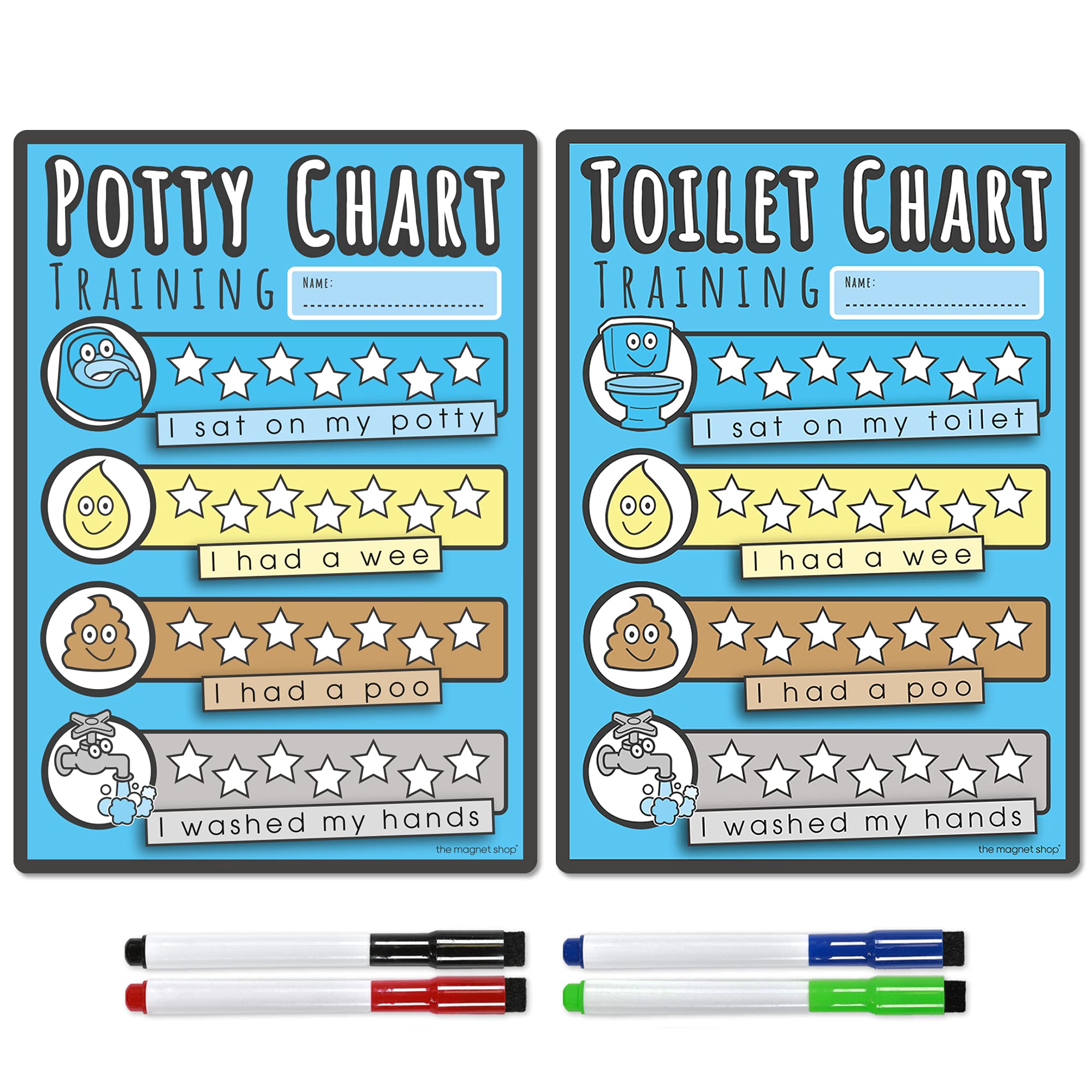 TMS Potty Training Chart and Toilet Reward Chart for Children - Dry Wipe Magnet with Colour in Stars and 4 Magnetic Dry Erase Pens for Toddlers, Kids, Boys, Girls (Blue, A5 Potty & Toilet Chart)