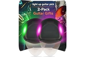 HI-YOMILAUGH Auto Glowing Glow in the Dark LED Guitar Pick Set – 2 Light Up Picks with Replaceable Battery & Metal Case, Cool Guitar Gifts & Fun LED Guitar Accessory for Acoustic, Electric & Bass Players (2 Color)