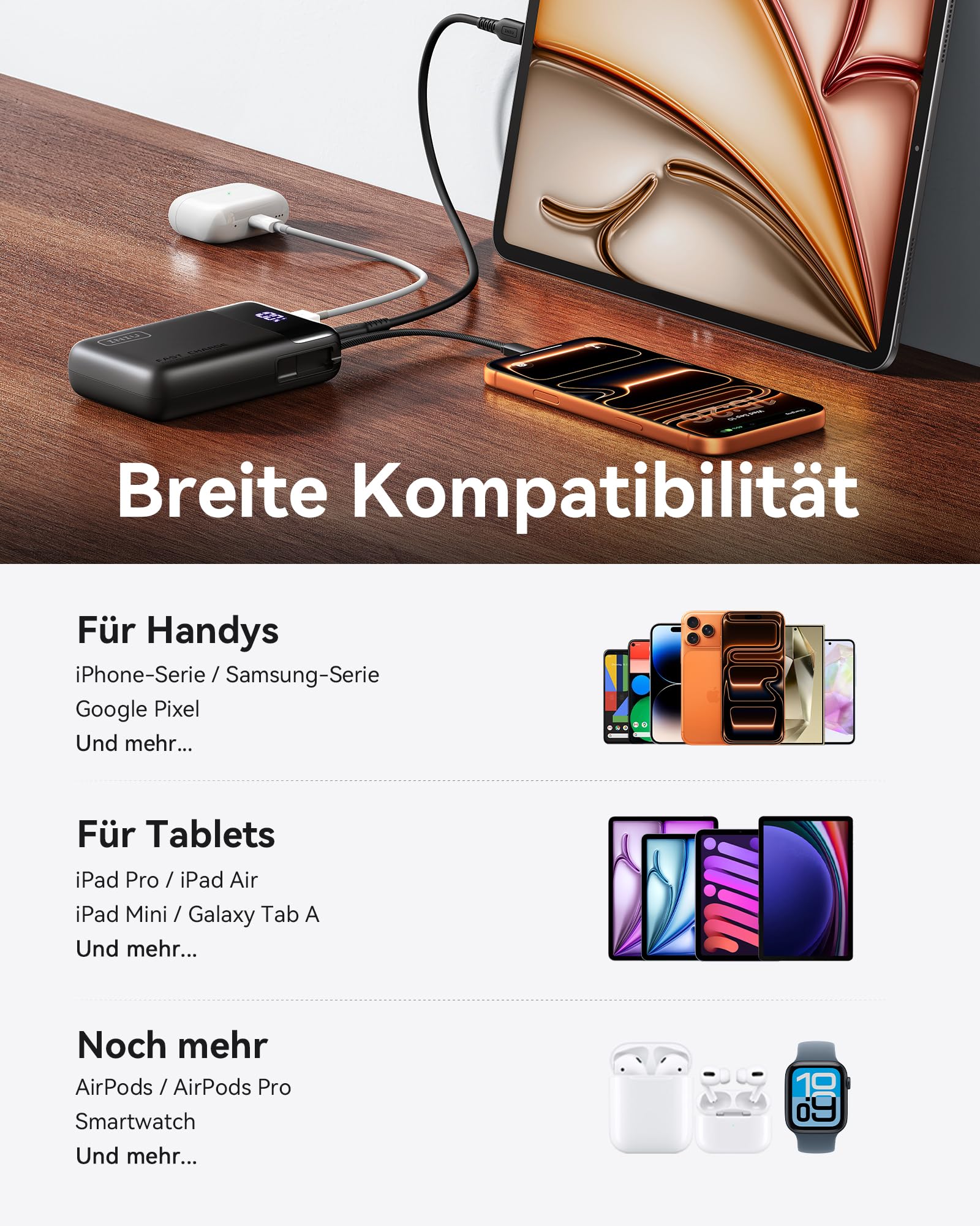 INIU 45W Power Bank, Ultra Klein 20000mAh Powerbank iPhone mit Integriertem USB-C Kabel, Schnellladen Externe Handyakkus Mini, Klein Aber Stark für iPhone 17 16 15 Pro, Samsung S22, Xiaomi, iPad etc 7