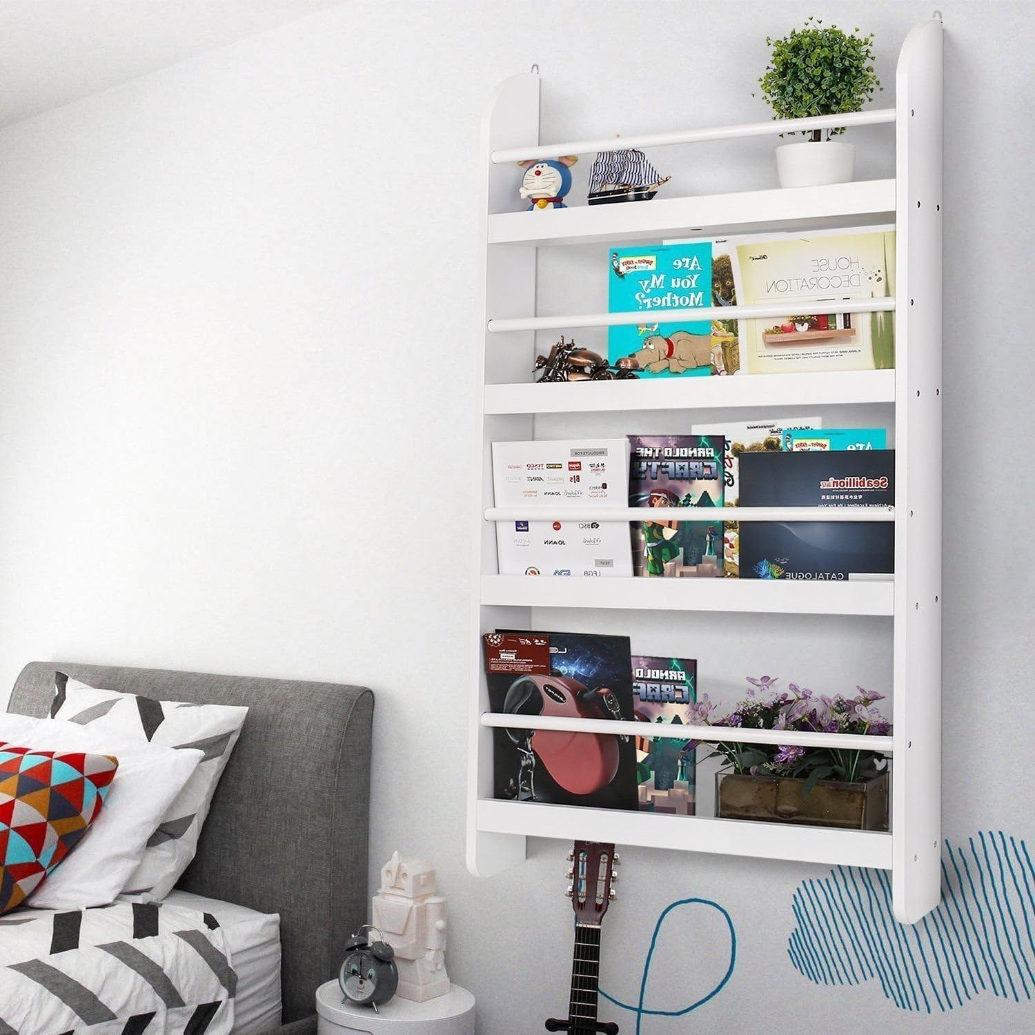 Floating Wall Mounted Kids Bookcase Bookshelf Storage Book Shelf Hanging Rack Toddler Stand White