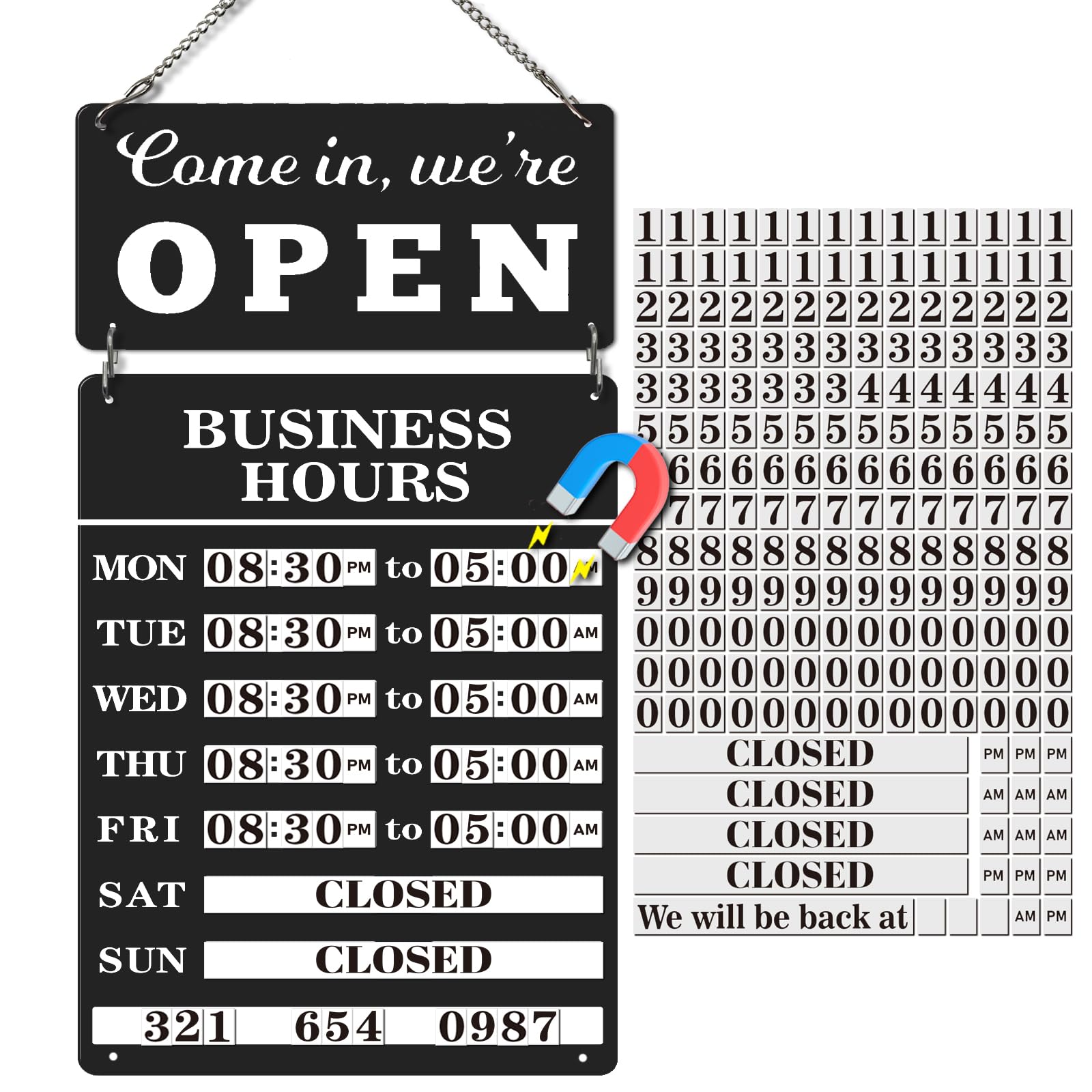 Photo 1 of Magnetic Changeable Business Hours Sign with Double Sided Open Closed Signs, Metal Hours of Operation Signs, Store Hours Sign for Glass Door or Window?BLACK?