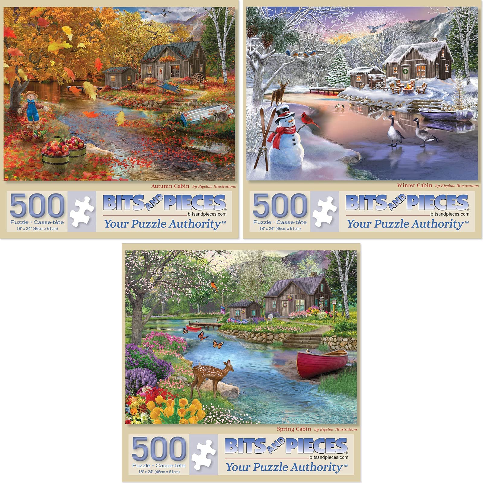 Bits and Pieces - Value Set of Three (3) 500 Piece Jigsaw Puzzles for Adults - Each Puzzle Measures 46cm x 61cm- Autumn, Spring, Winter Cabin Jigsaws by Artist Bigelow Illustrations
