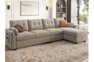 HONBAY Velvet Convertible Sectional Sofa L Shaped Couch with Storage Ottoman Reversible Sectional Couch Sofa for Small Space,Light Grey