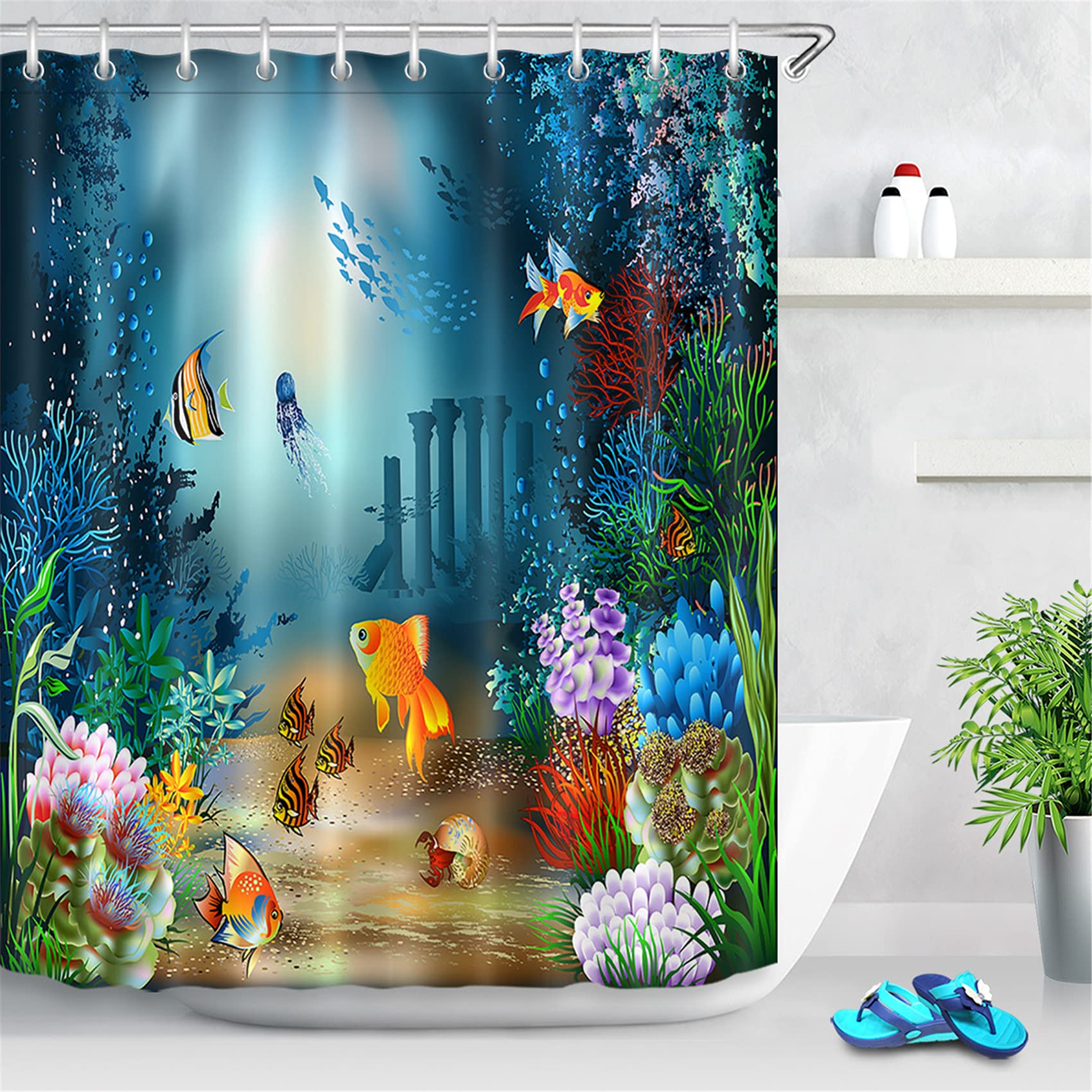 LB Tropical Fish Shower Curtain for Kids Coral Reef Marine Life Bath Curtain with Hooks Blue Sea Anti Mould Waterproof Polyester Fabric Bathroom Curtains,59x71 inches