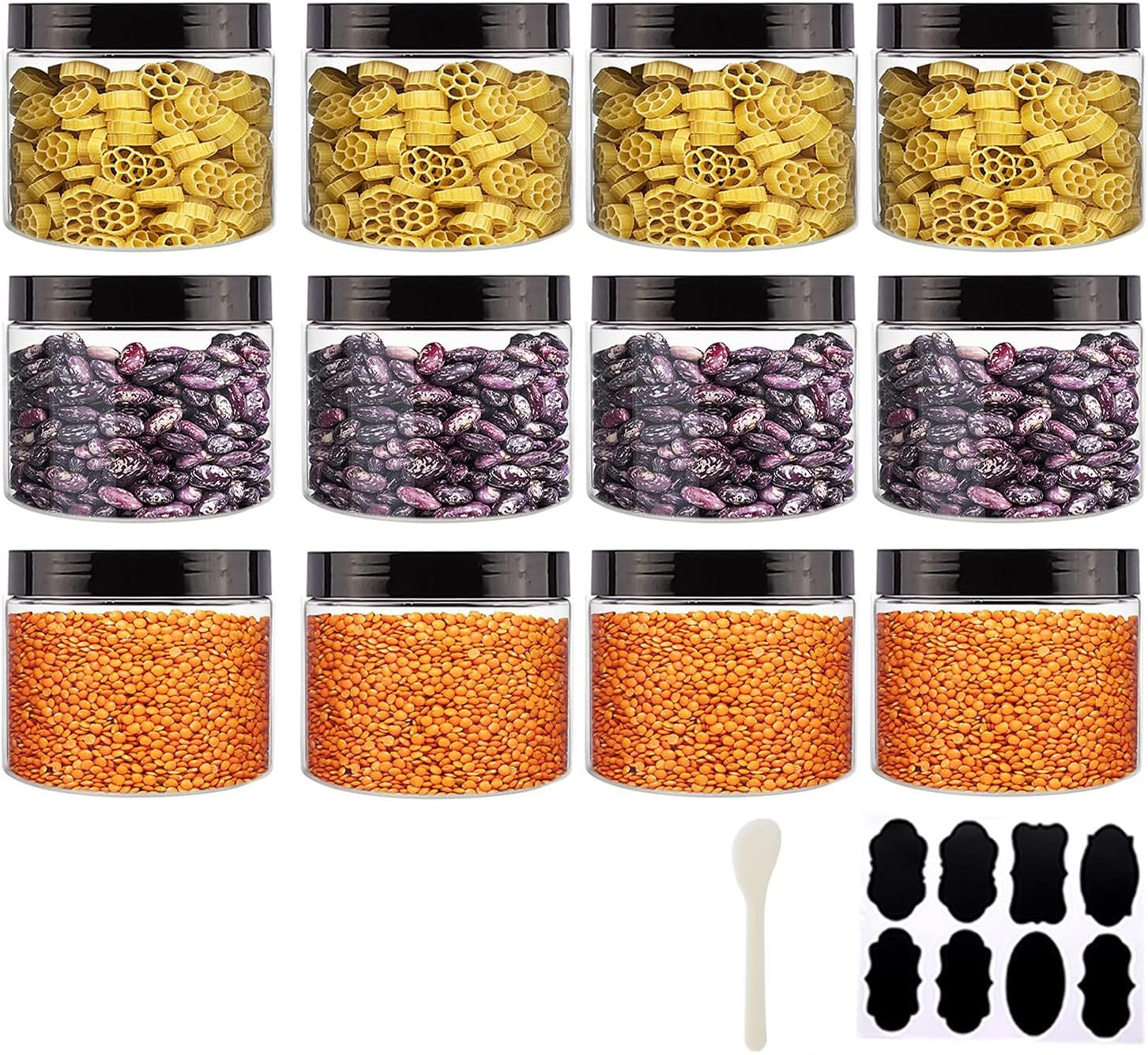 YBCPACK 12 Pack 16oz (500ml) Airtight Plastic Storage Jars with Lids, Labels & Marker – Clear Kitchen & Pantry Containers for Dry Food, Snacks, Spices, Powder