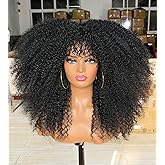 Sweece Long Curly Afro Wig With Bangs for Black Women Kinky Curly Hair Wig 17 inch (17 inch, Black)