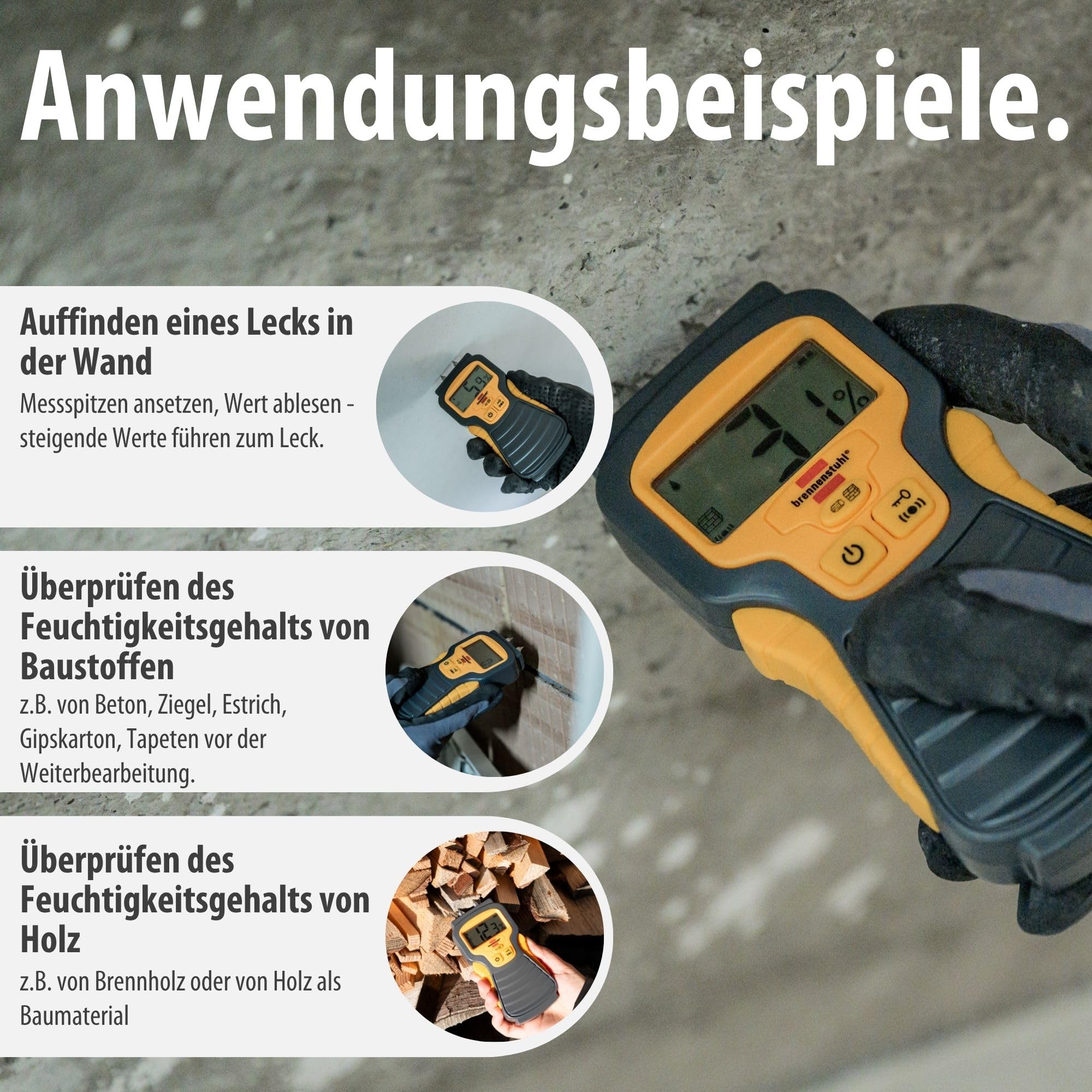 Brennenstuhl Feuchtigkeits-Detector MD (Feuchtigkeitsmessgerät/Feuchtigkeitsmesser für Holz oder Baustoffe, Holzfeuchtemessgerät mit LCD-Display) 6