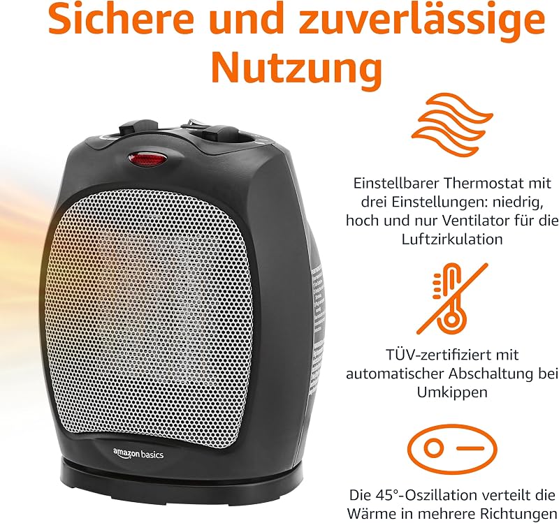 Oszillierende Keramik-Standheizung, 1800 W, mit verstellbarem Thermostat - Schwarz — Foto 2 von 7