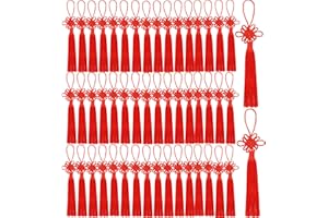 Peohud 50 Pieces Red Chinese Knot, Silky Chinese Tassel with Satin Silk, Handmade Chinese Knotting Cord for Lunar New Year Spring Festival Decorations