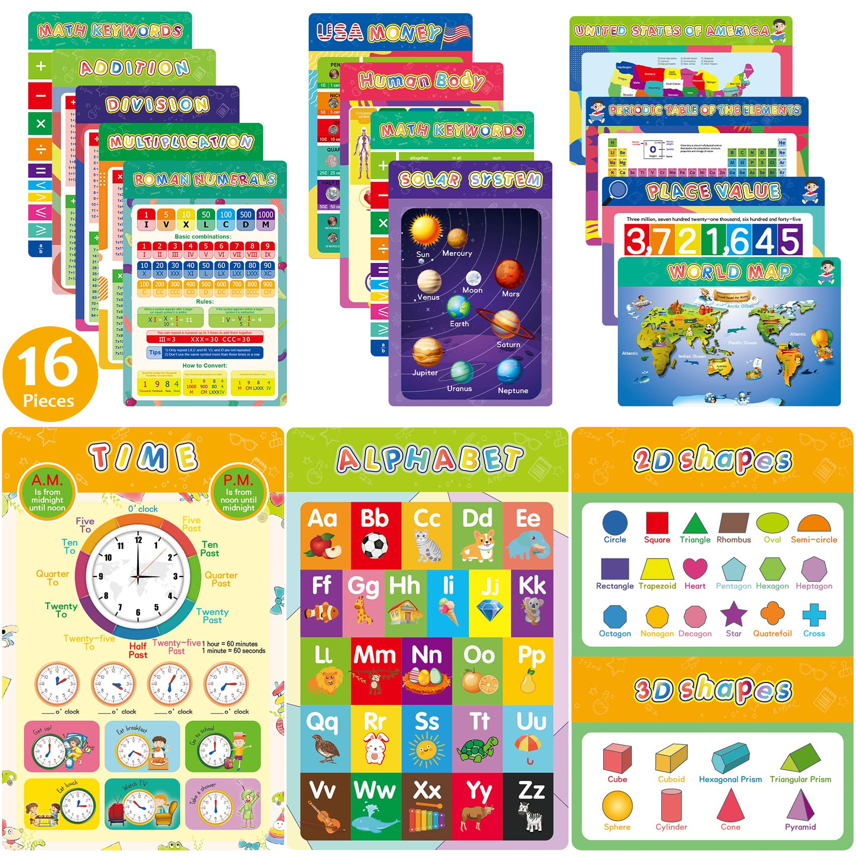 Photo 1 of 16 Pieces Educational Posters for Elementary Middle School Classroom Teach Homeschool Decor 1st 2nd 3rd 4th 5th Grade for Kindergarten Preschoolers Toddlers Kids