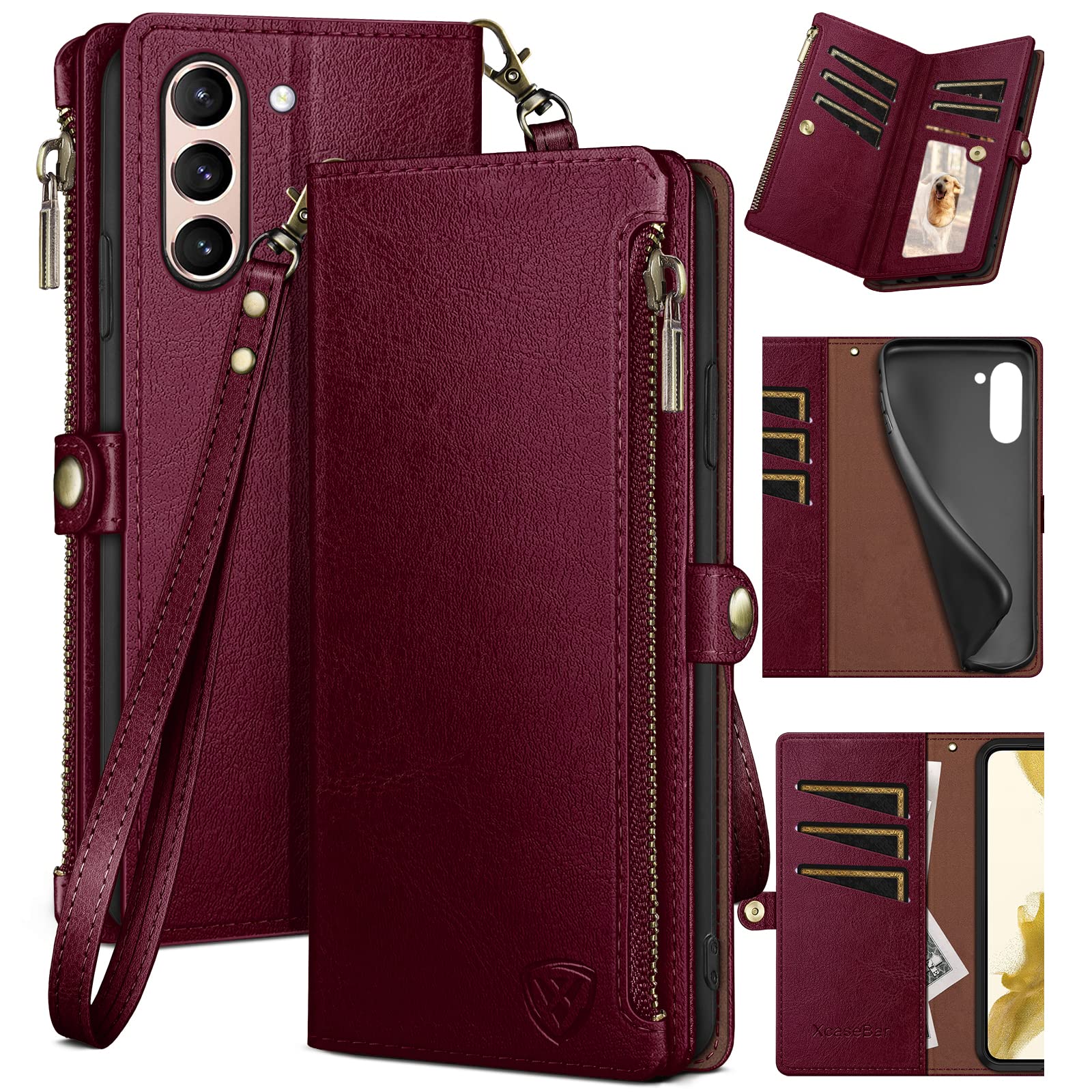 Photo 1 of XcaseBar for Samsung Galaxy S21 Wallet case with Zipper Credit Card Holder?RFID Blocking?, Flip Folio Book PU Leather Phone case Shockproof Cover Women Men for Samsung S21 case Wine Red