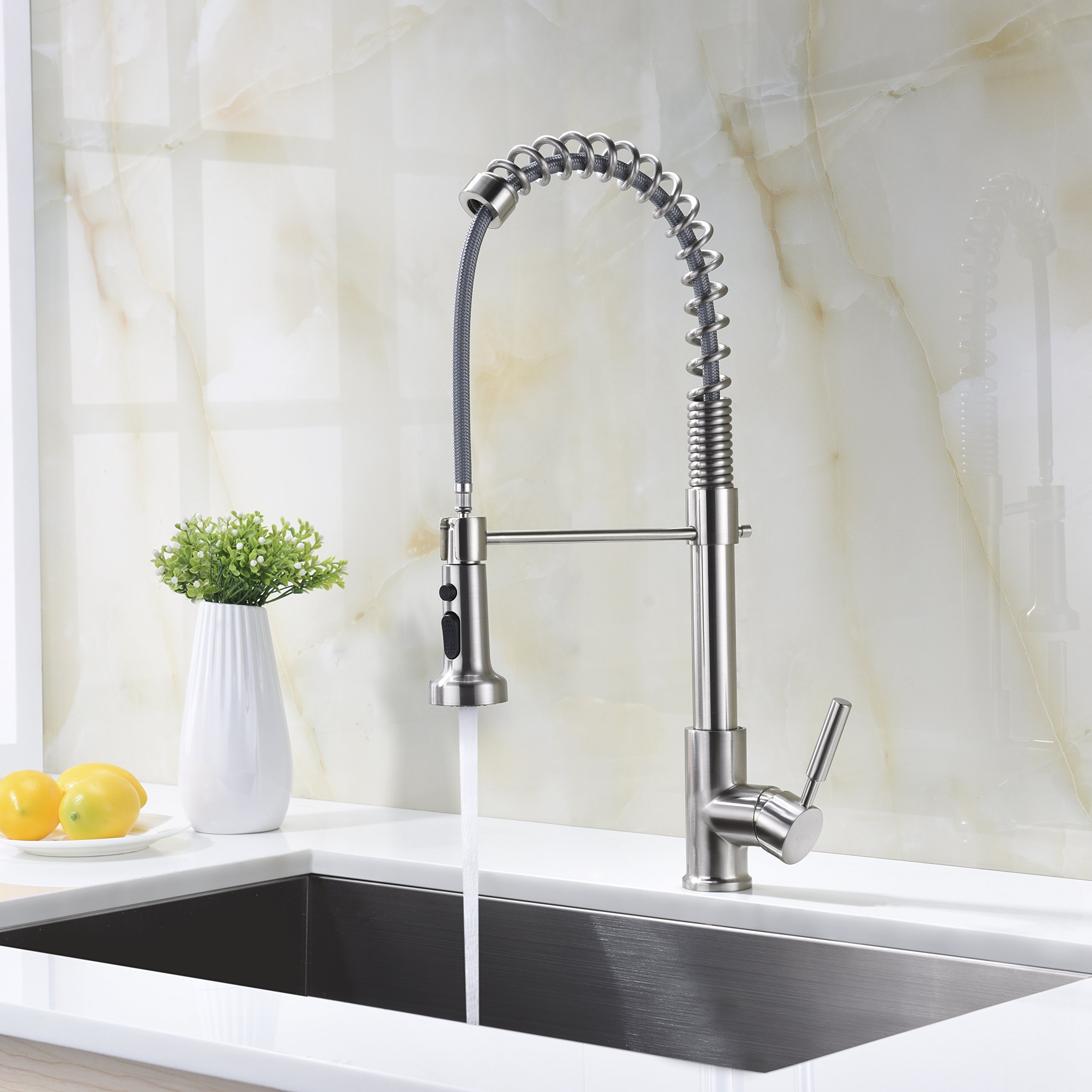 Avola Single Handle High Arc Brushed Nickel Pull Out Kitchen Faucet