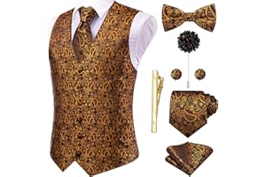 Hi-Tie Silk Mens Suit Vest Tie and Bowtie Lapel Pin Gold Tie Clip Paisley Floral Waistcoat 8PCS Set Tuxedo Wedding Party