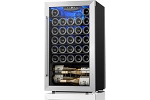 Yeego Wine Fridge Cooler, 32 Bottle 38-65℉ Wine Refrigerator Glass Door, Freestanding Under Counter Shallow Depth Wine Cooler w/Single Temp for Wine Enthusiast, Bedroom, Home, Drom Storage, Black