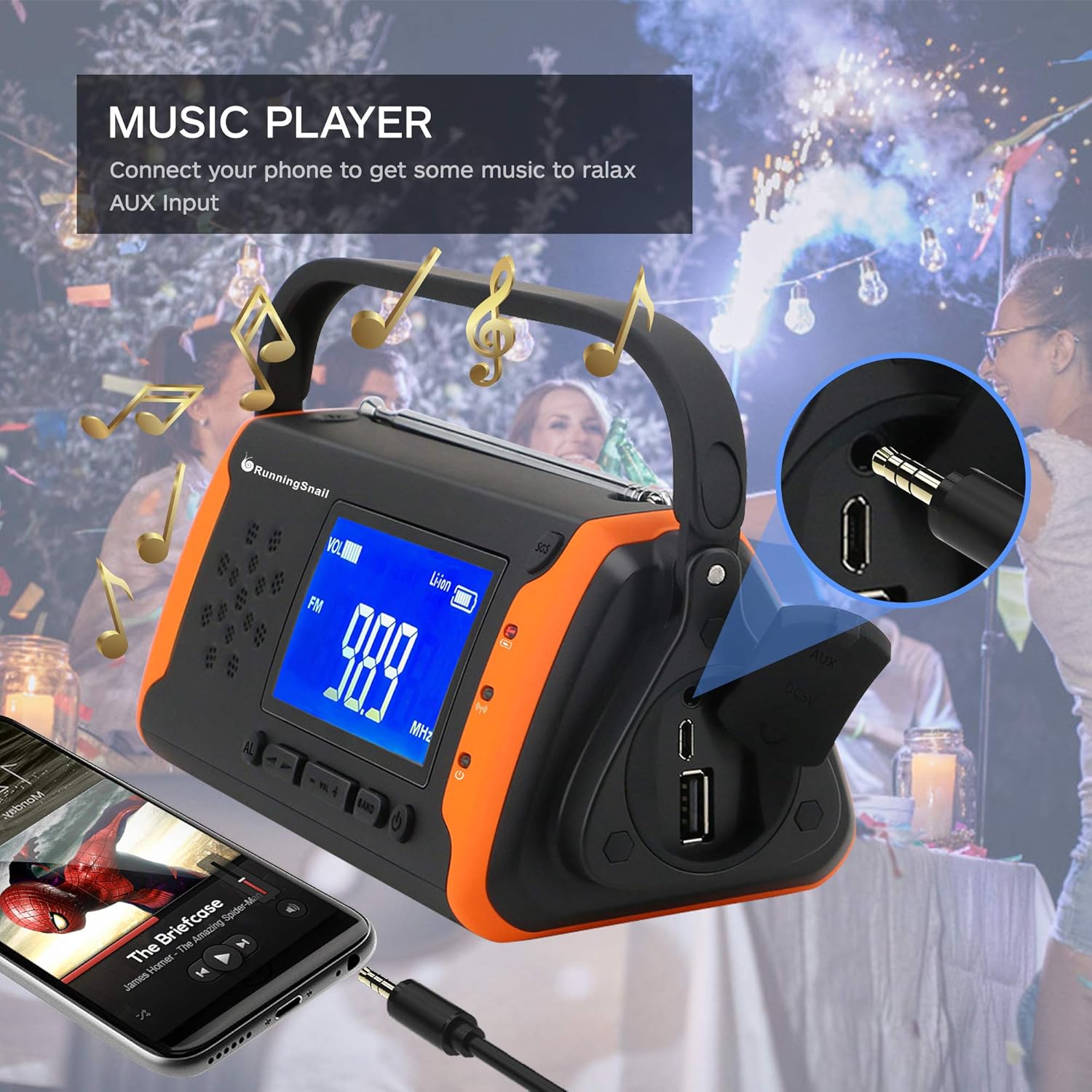 Emergency NOAA Weather Crank Solar Powered Portable Radio with 4000mAh Battery Power for Cell Phone, Bright Flashlight for Household Emergency and Outdoor Survival (097-Orange): Home Audio & Theater