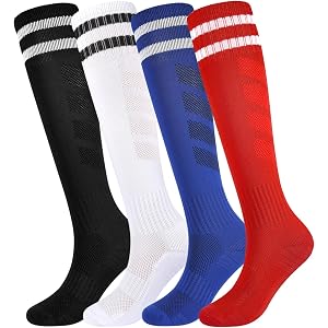 EPEIUS 4 Pairs Cushioned Striped Kids Soccer Socks Knee High Baseball Football Uniform Tournament Boys Girls Youth 3-15Y