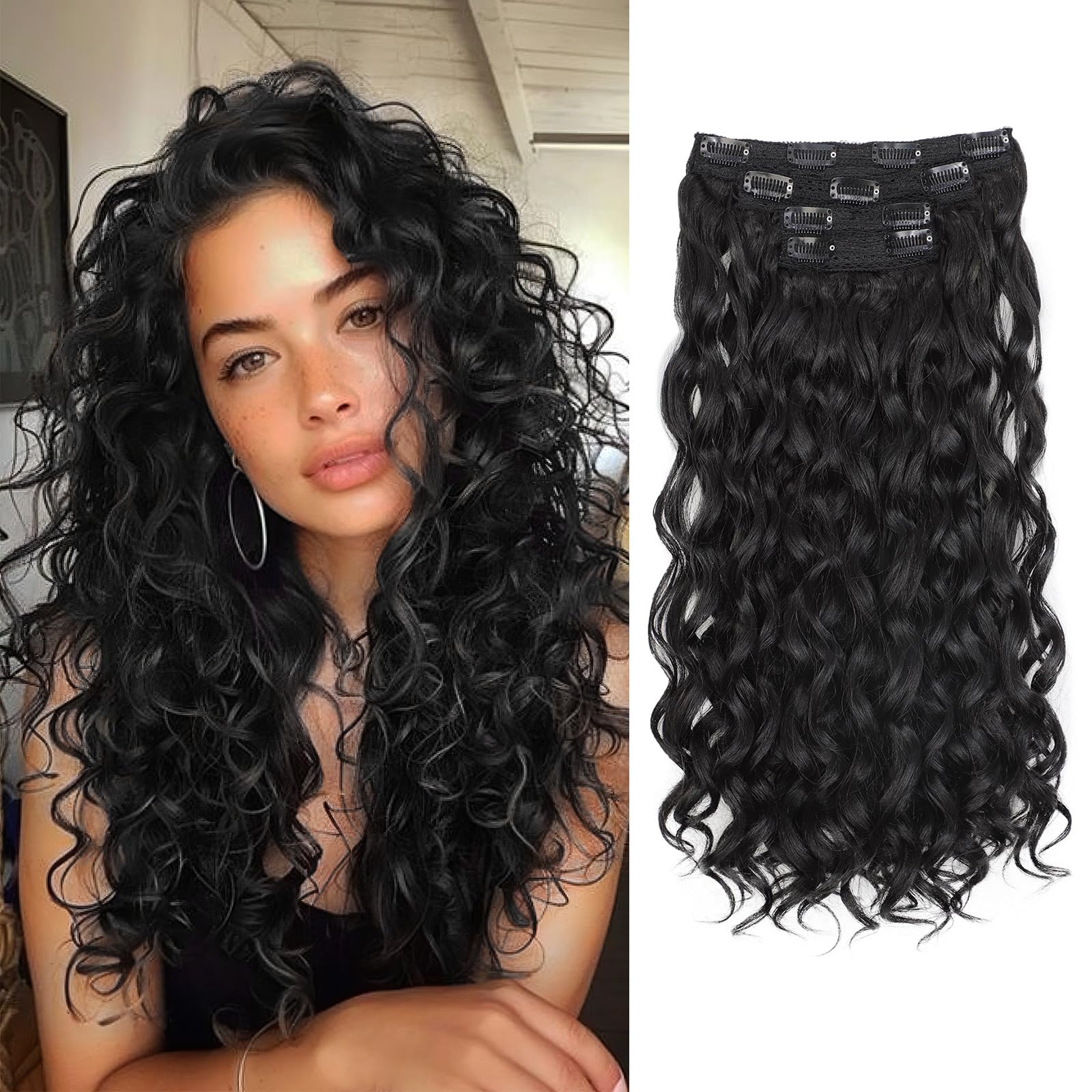 Photo 1 of 18 Inch Curly Wavy Clip in Hair Extensions 4PCS,QGZ Heat-Stylable Synthetic Lace Weft Extensions for Women, Black for Daily & Party Wear