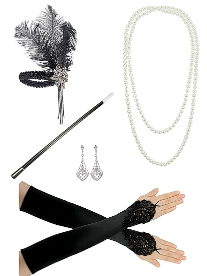 1920er Jahre Zubehör Stirnband Perlenkette Handschuhe Lady Charleston Fancy Flapper Kostüm Set