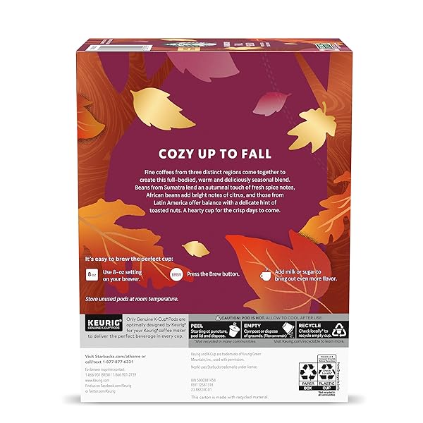 STARBUCKS K-CUP COFFEE PODS, MEDIUM ROAST COFFEE FOR KEURIG COFFEE MAKERS, FALL BLEND, 100% ARABICA, LIMITED EDITION, 6 BOXES (60 PODS TOTAL)